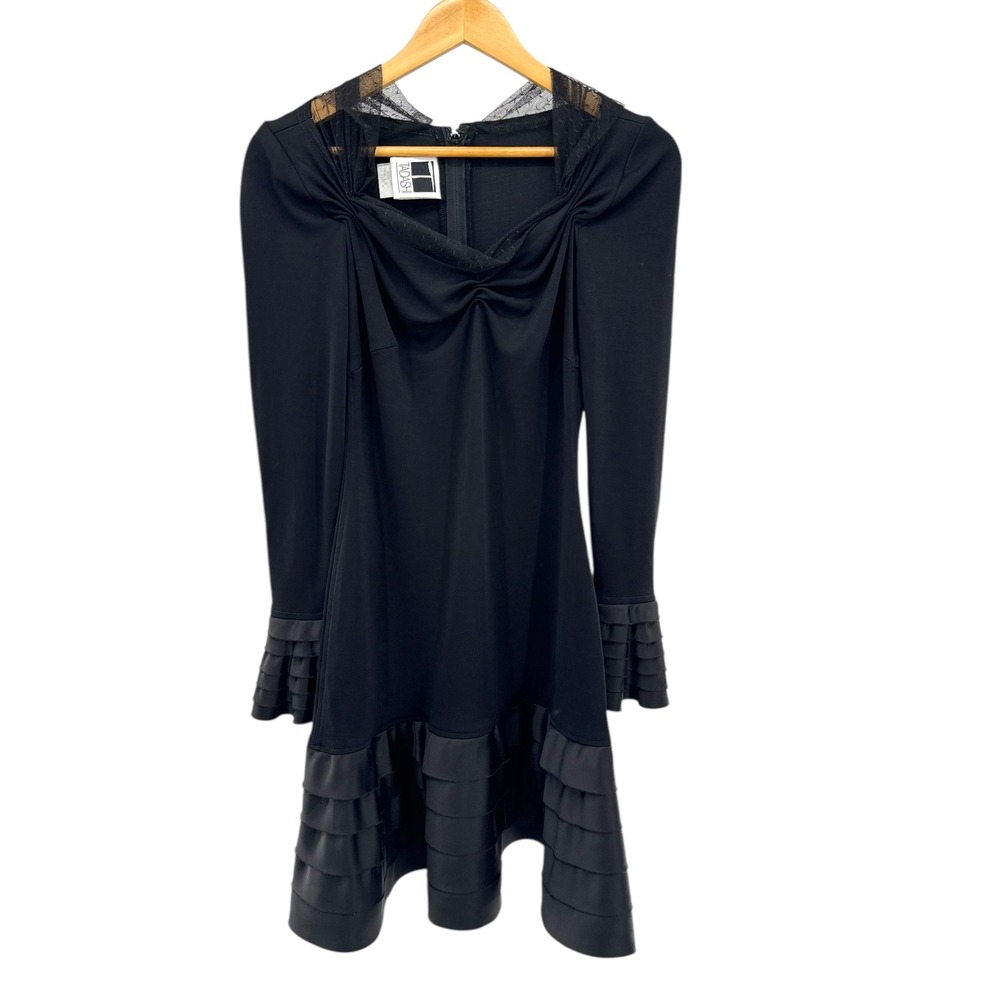Vtg Tadashi Black Long Sleeve Dress Lace Neck Satin Tier‎ Ruffle Hem 8 USA